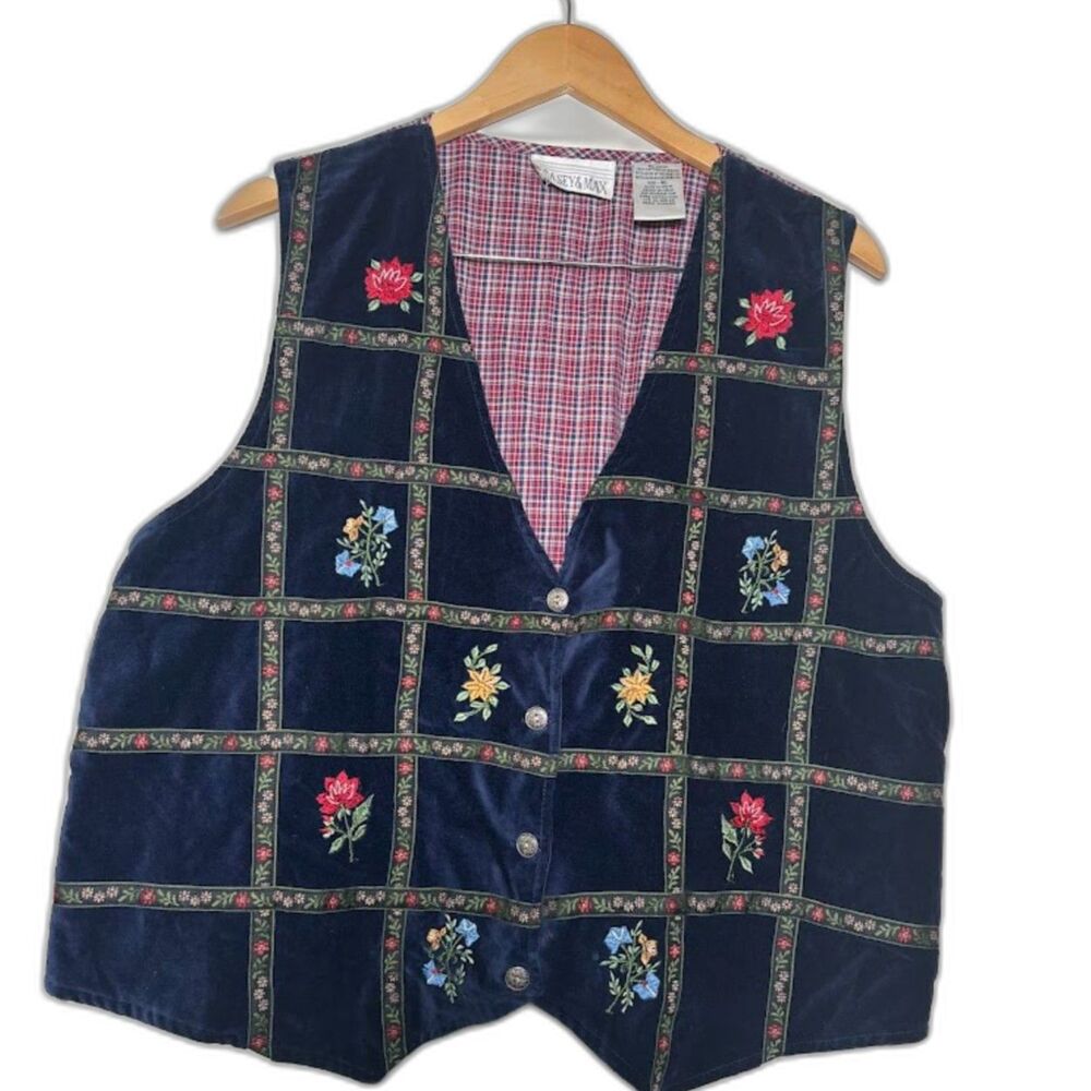 Casey & Max VTG Vest Top sz XL Cottagecore Retro Floral Embroidered Velvet Blue